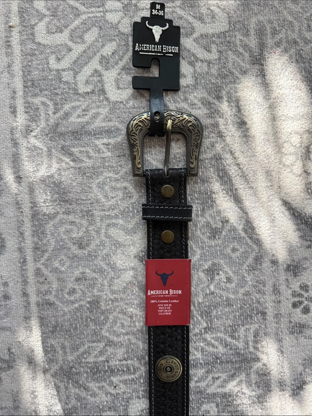 Men's Black Leather Belt with Decorative Buckle AMERICAN BISON Shotgun Shell